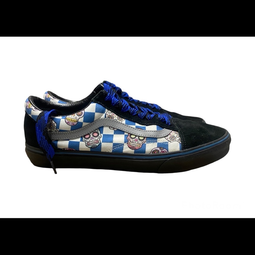 EUC Old Skool Vans Black Suede Blue Checkerboard Day of the dead Mens Sz 11.5
